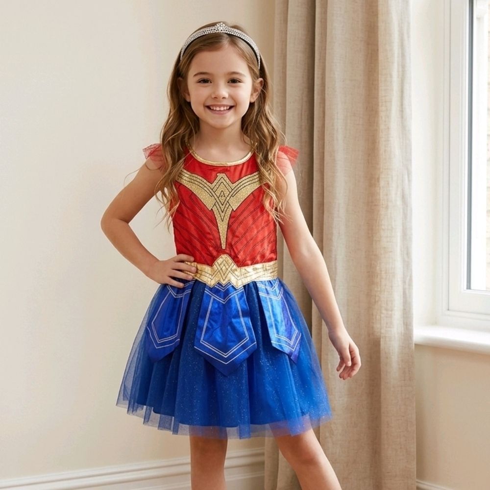Wonder Woman Costume 4pc Set Girl L 10/12 WW84 Shiny Satin Tutu Dress Outfit